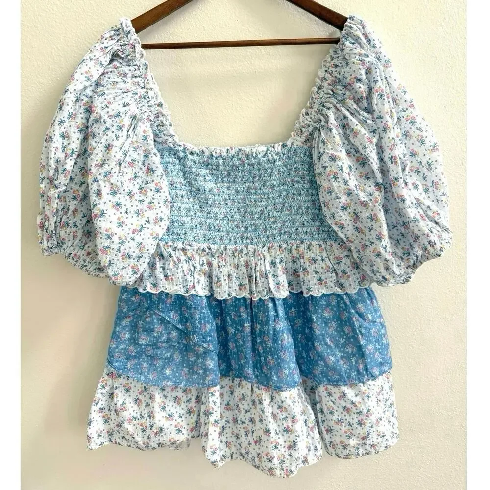 LoveShackFancy NWOT Shaw Large Blue Micro Mini Dress Floral Tiered Tunic - Picture 9 of 16
